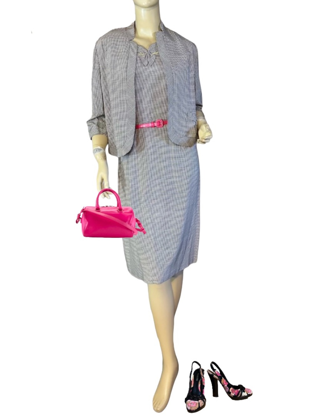 VINTAGE 1950'S MENDEL CREATIONS WHITE & BLACK GINGHAM DRESS & JACKET (M)